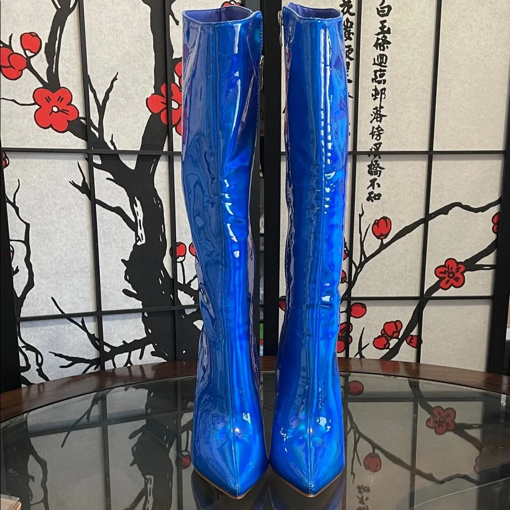 Nova Patent Knee-High Stiletto Boots in Vibrant Blue with 4.5” heels
